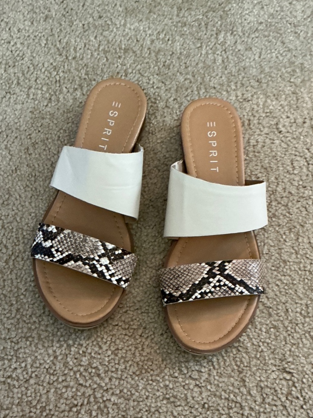 Esprit White and Snake-Print Double Strap Slide Sandals